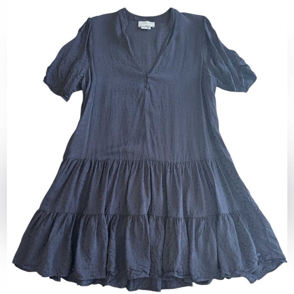 Anthropologie Black Dots Babydoll Tiered Dress V-Neck Short Sleeve Womens Large